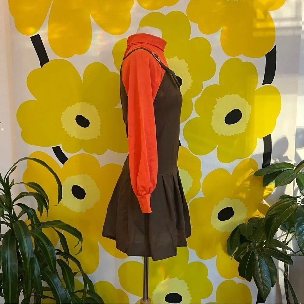 Vintage 1960s Unique Mock Neck Pinafore Twofer Pleated Balloon Gogo Dress